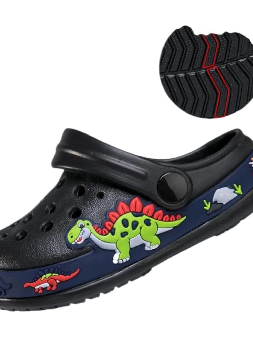 Kids Black Dinosaur Clog Shoes — Comfortable Play Footwear